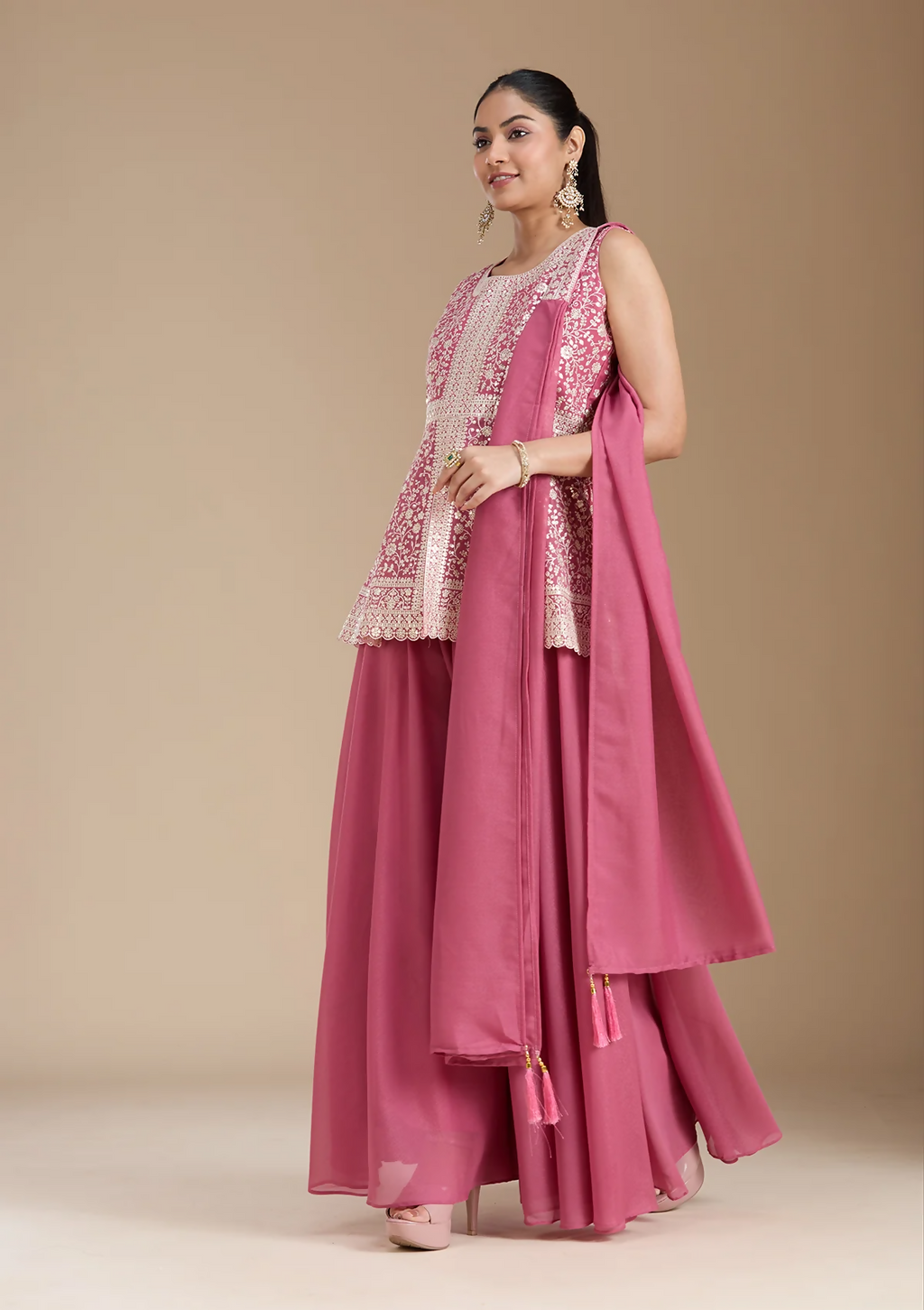 Teeya Creation Pink Color Star Georgette Party Wear Designer Peplum Sharara Set
