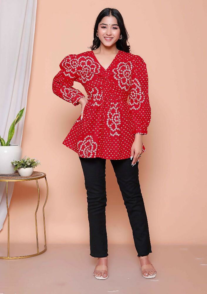 Miravan Womens Red Bandhani Printed Cotton Butterfly Design Top