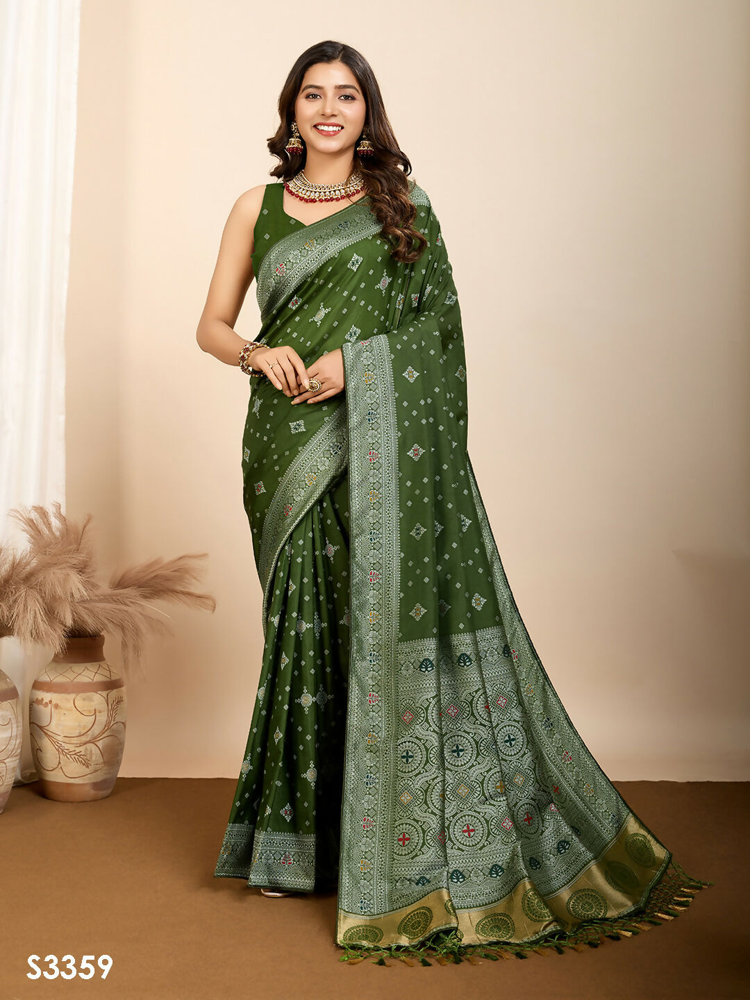 Olive Soft Silk Woven Meenakari Designer Saree - Vedanti