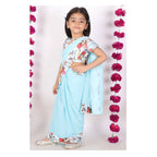 Little Bansi Girls 90's Era Saree with Silk Floral Blouse - Sky Blue