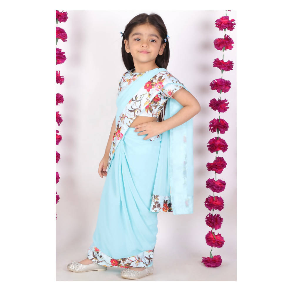 Little Bansi Girls 90's Era Saree with Silk Floral Blouse - Sky Blue