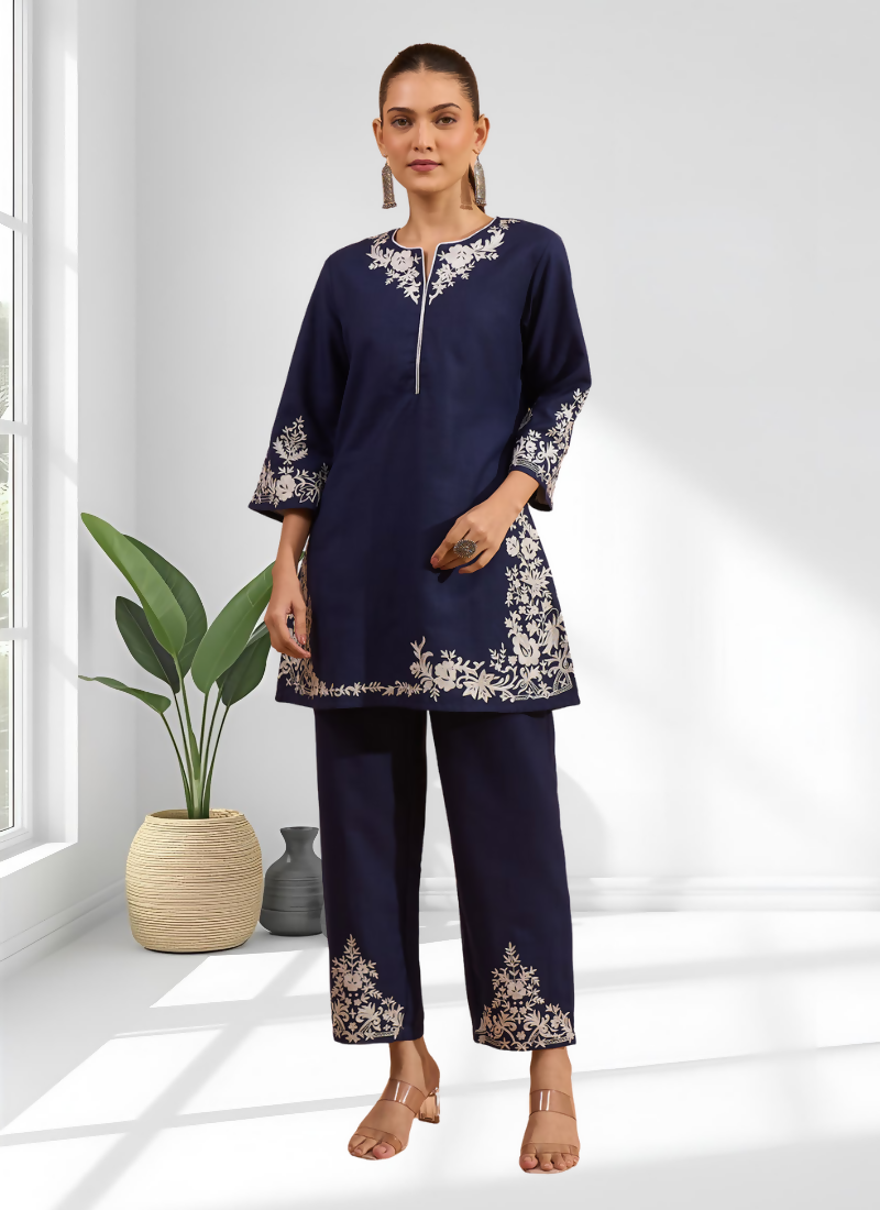 Joban Fashion Navy Blue Cotton, Linen Embroidered Readymade Cord Set - Distacart