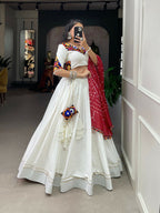 Vastranavya Navaratri Special Pure Cotton Plain With Gotta Patti Touch Up Lehenga Stitched Choli - White