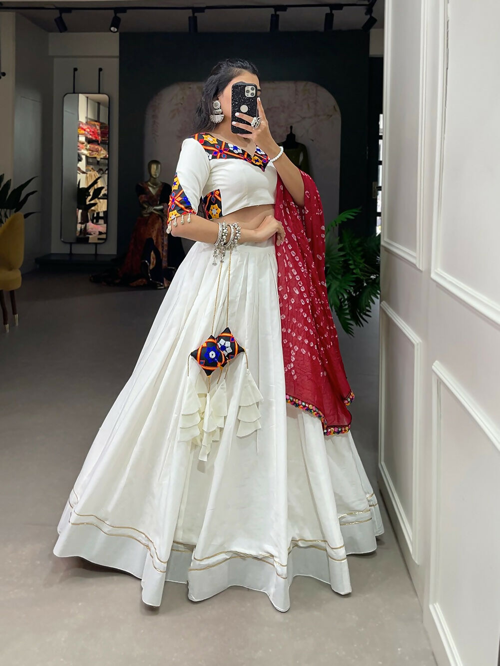Vastranavya Navaratri Special Pure Cotton Plain With Gotta Patti Touch Up Lehenga Stitched Choli - White