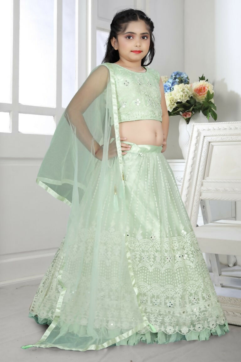 Wedding Designer Light Green Net Kidswear Lehenga - Aaradhna