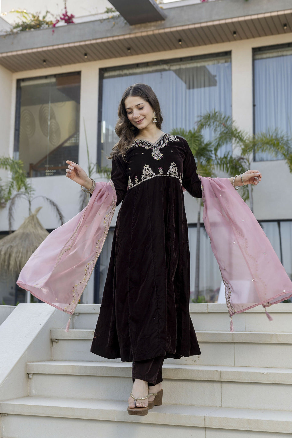 The52 Women's Beautiful Velvet Fabric Embroidery Work Flared Anarkali Pant and Dupatta Set - Distacart
