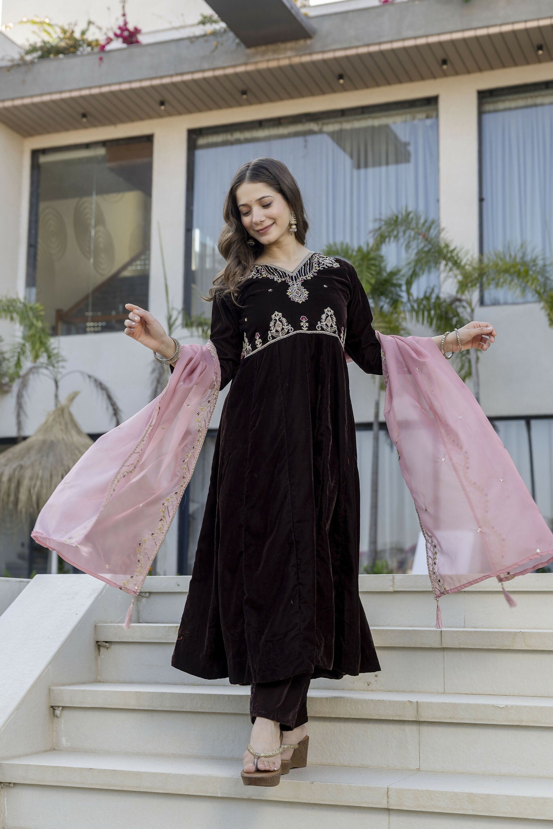 The52 Women's Beautiful Velvet Fabric Embroidery Work Flared Anarkali Pant and Dupatta Set - Distacart