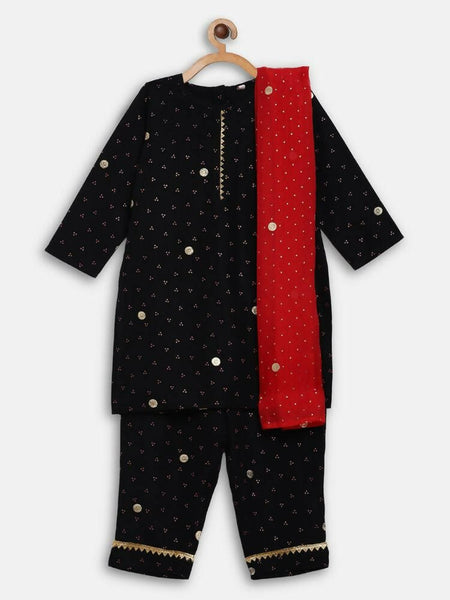 Ahalyaa Black Crepe Kids Kurta Pants With Dupatta For Girls