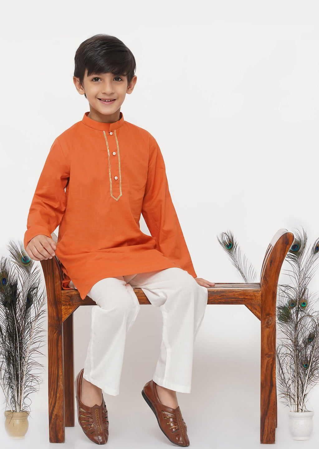 Little Bansi Boys Cotton Kesari Kurta with Pearl Buttons and Pyjama -Orange and Cream