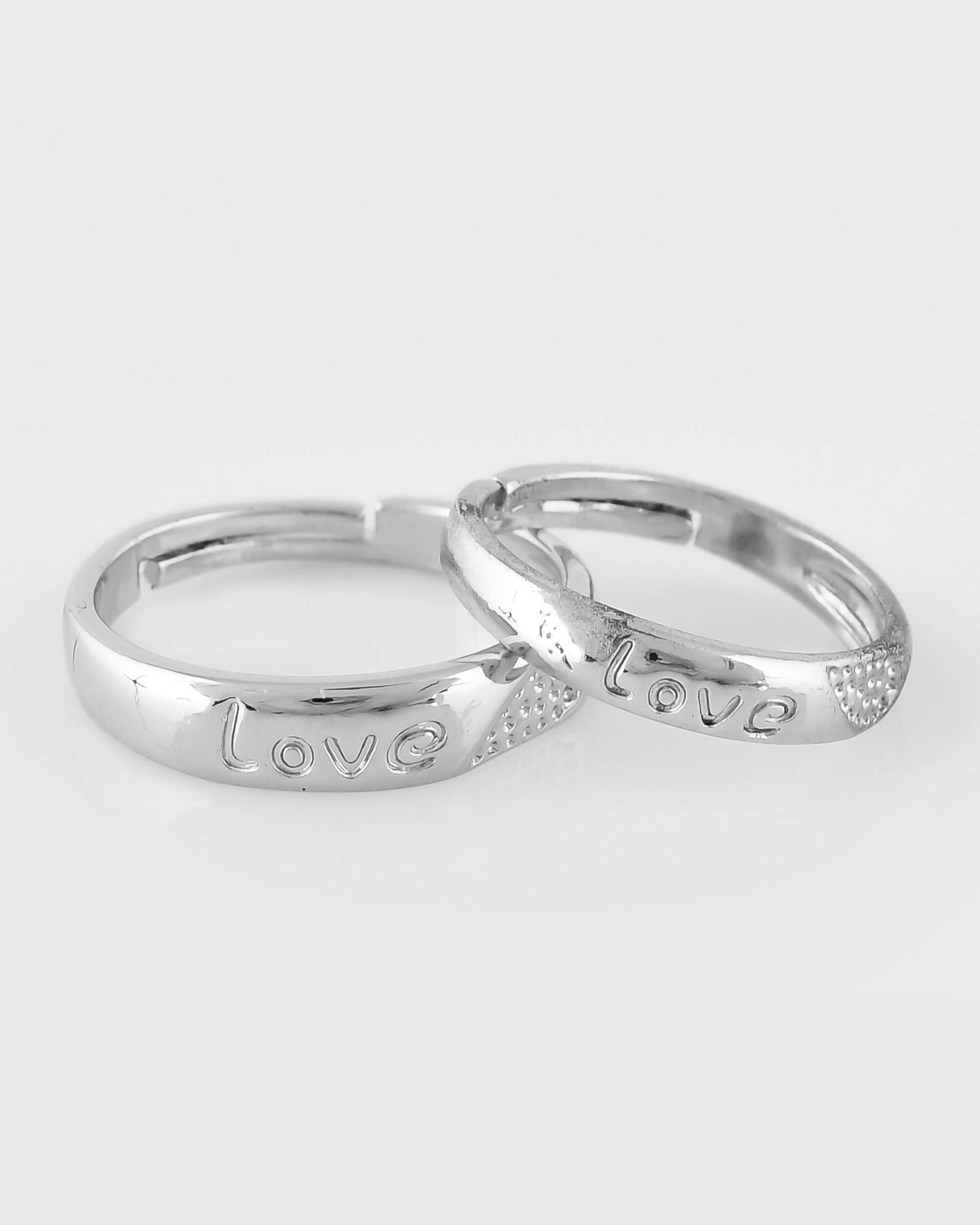 VOJ Stainless Steel Cubic Zirconia Silver Plated Adjustable Ring Set for Couple