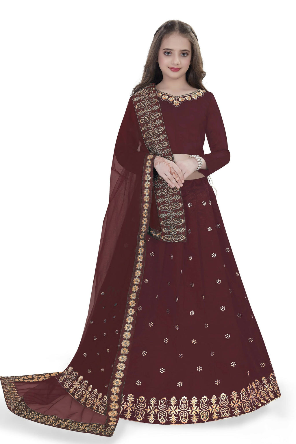 Dwiden Maroon Queen Tafetta Sattin Semi-Stitched Girl's Lehenga Choli