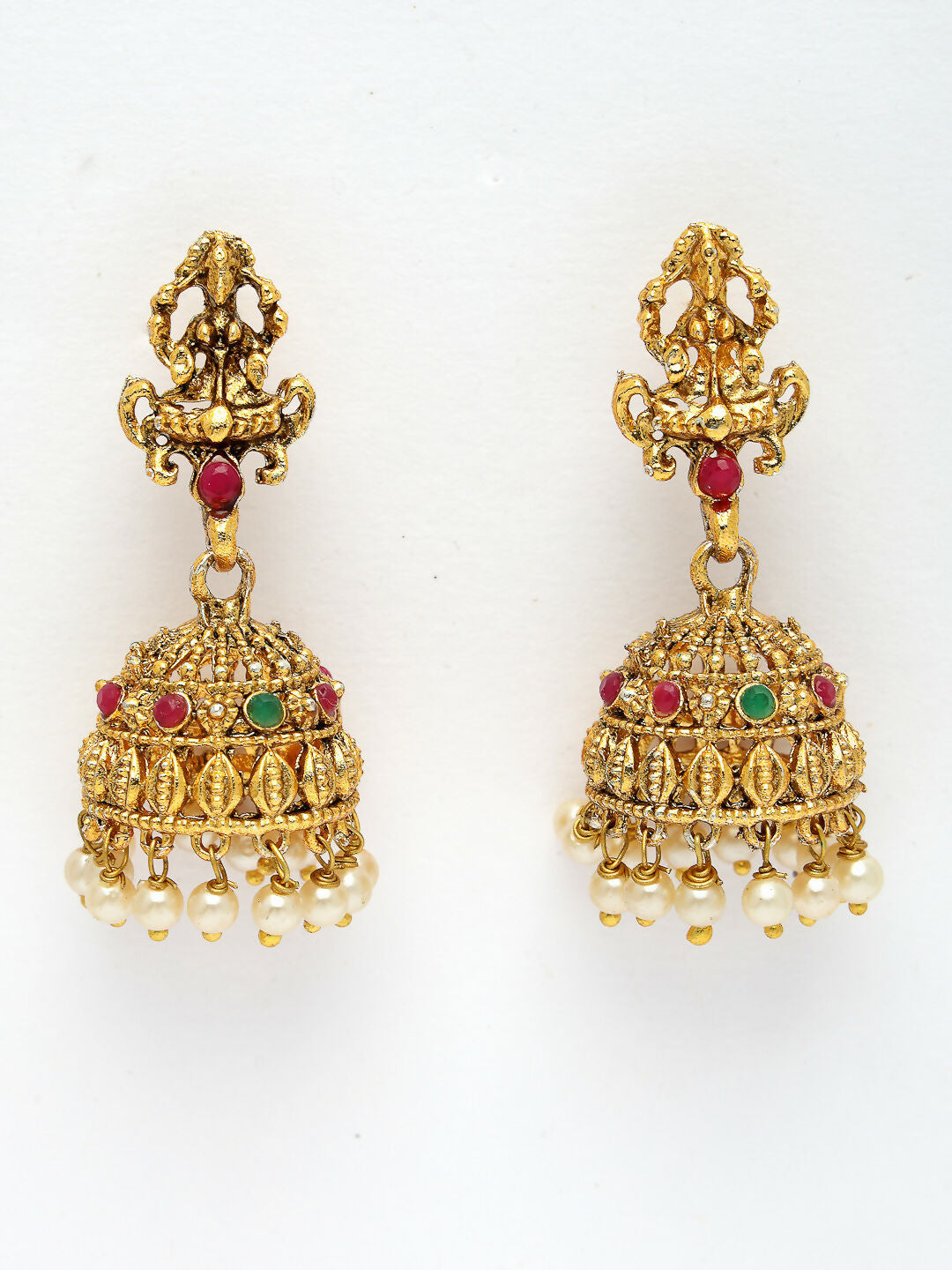 NVR Women's Set of 2 Gold-Polished Green & Pink Stone Studded Peacock & Lakshmi Design Temple Jewellery Set