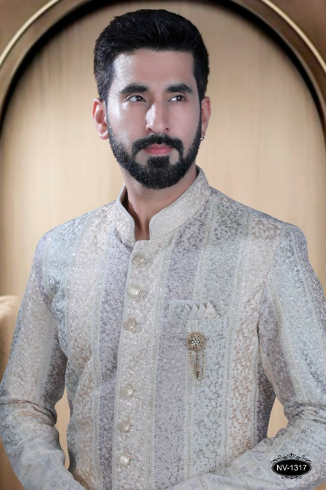 Joban Fashion Men's Cream Base ( Multi-Colour ) Swad Velvet Kurta with Pyjama