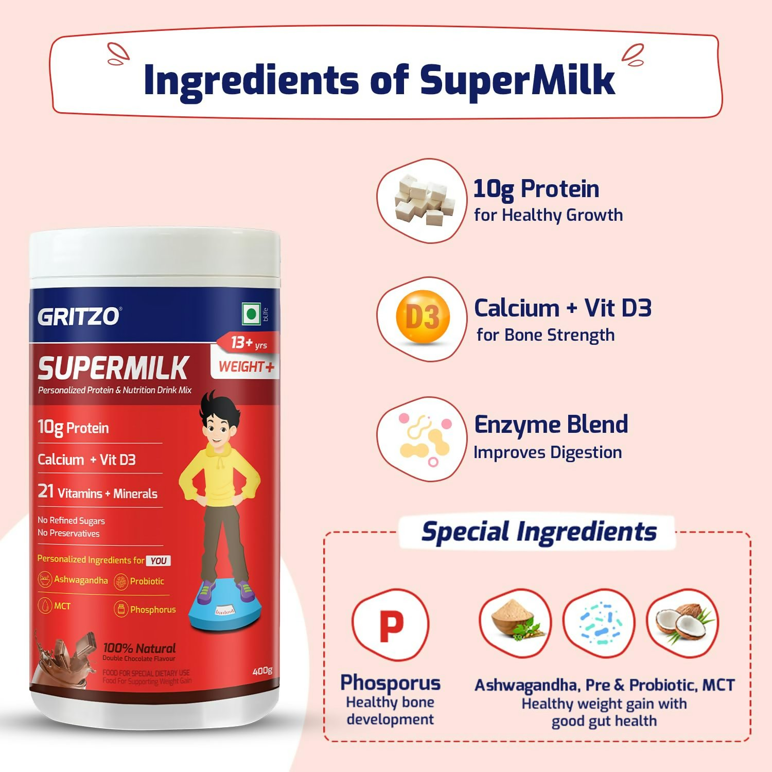 Gritzo SuperMilk Weight+ (13+y Boys), 10g Protein Powder (Double Chocolate) - Distacart