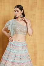 Jyoti Fashion Light Turquoise Thread, Zari and Paper Mirror Embroidered Organza One Shoulder Bridal Lehenga Choli
