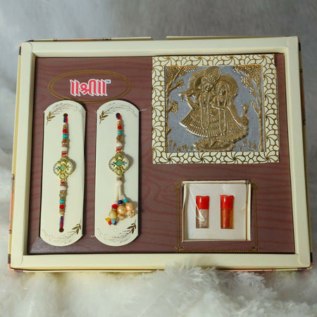 Indianvibez Exclusive Gift Pack Of Bhai Bhabhi Meenakari Desginer Rakhi With Roli & Krishna Silver Gold Plated Radha Krishna Foil