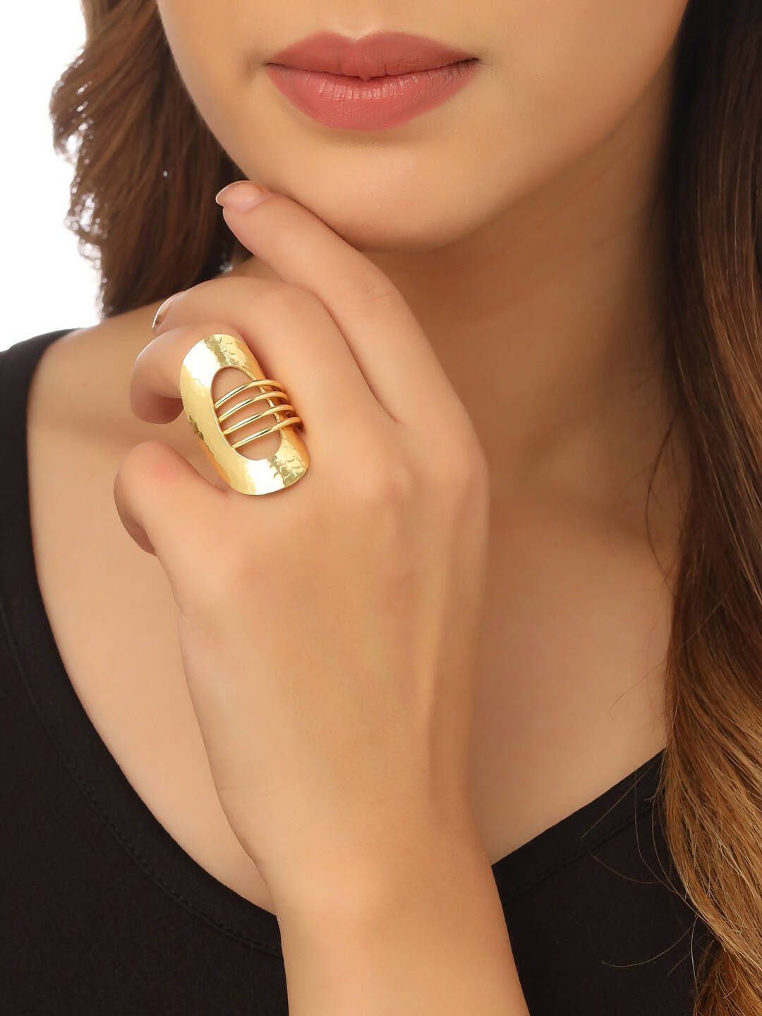 NVR Women's Western Gold-Polished Adjustable Finger Ring