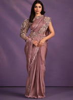 Pyaji Crepe Satin Silk Embroidered Saree With Stitched Blouse - Mohmanthan Exotica