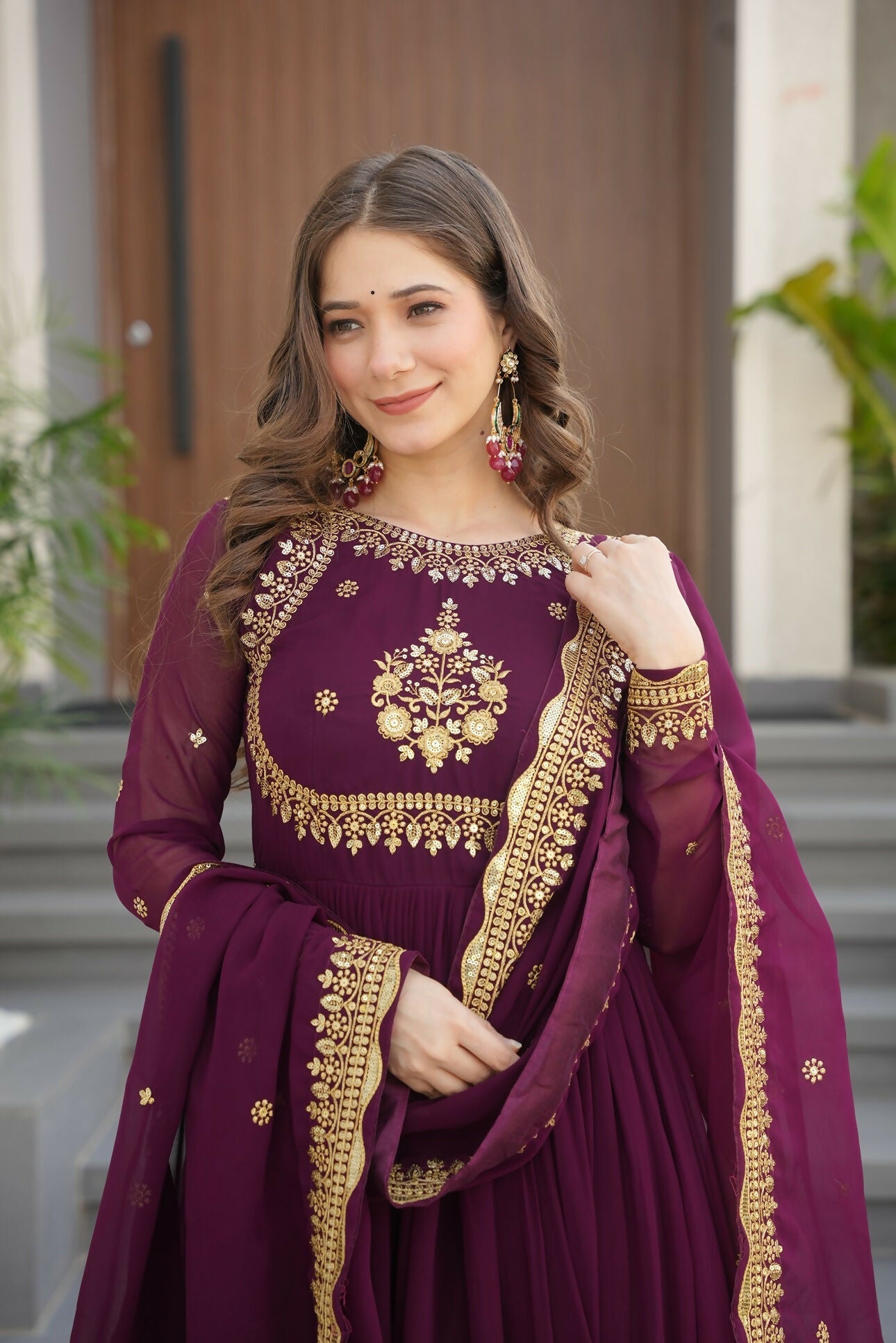 Joban Fashion Wine Georgette Sequence Embroidery Work Kurta Set - Distacart
