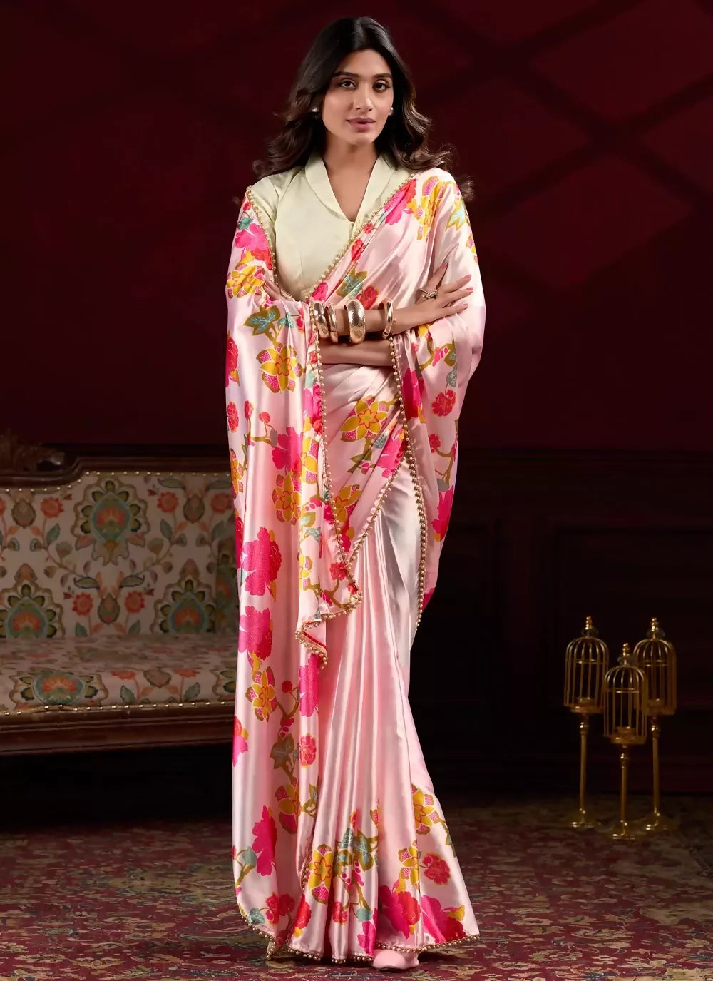 Vastranavya Peach Satin Silk Floral Printed with Pearl Lace Saree with Unstitched Blouse - Distacart