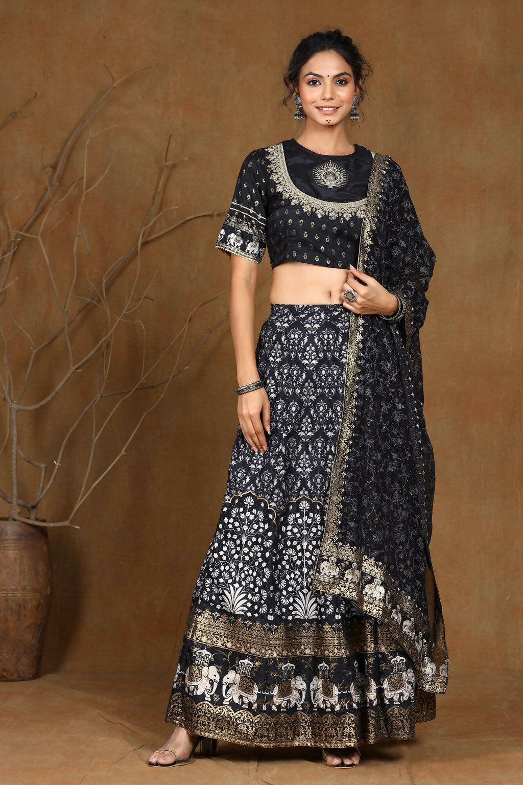 Juniper Women Black Shantoon Embroidered Flared Lehenga Choli Sets - Distacart