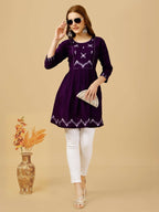 Jyoti Fashion Women's Purple Viscose Rayon Embroidered Casual Top