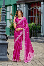 Vastranavya Pink Embroidery Work Shimmer Chiffon Saree with Unstitched Blouse - Distacart