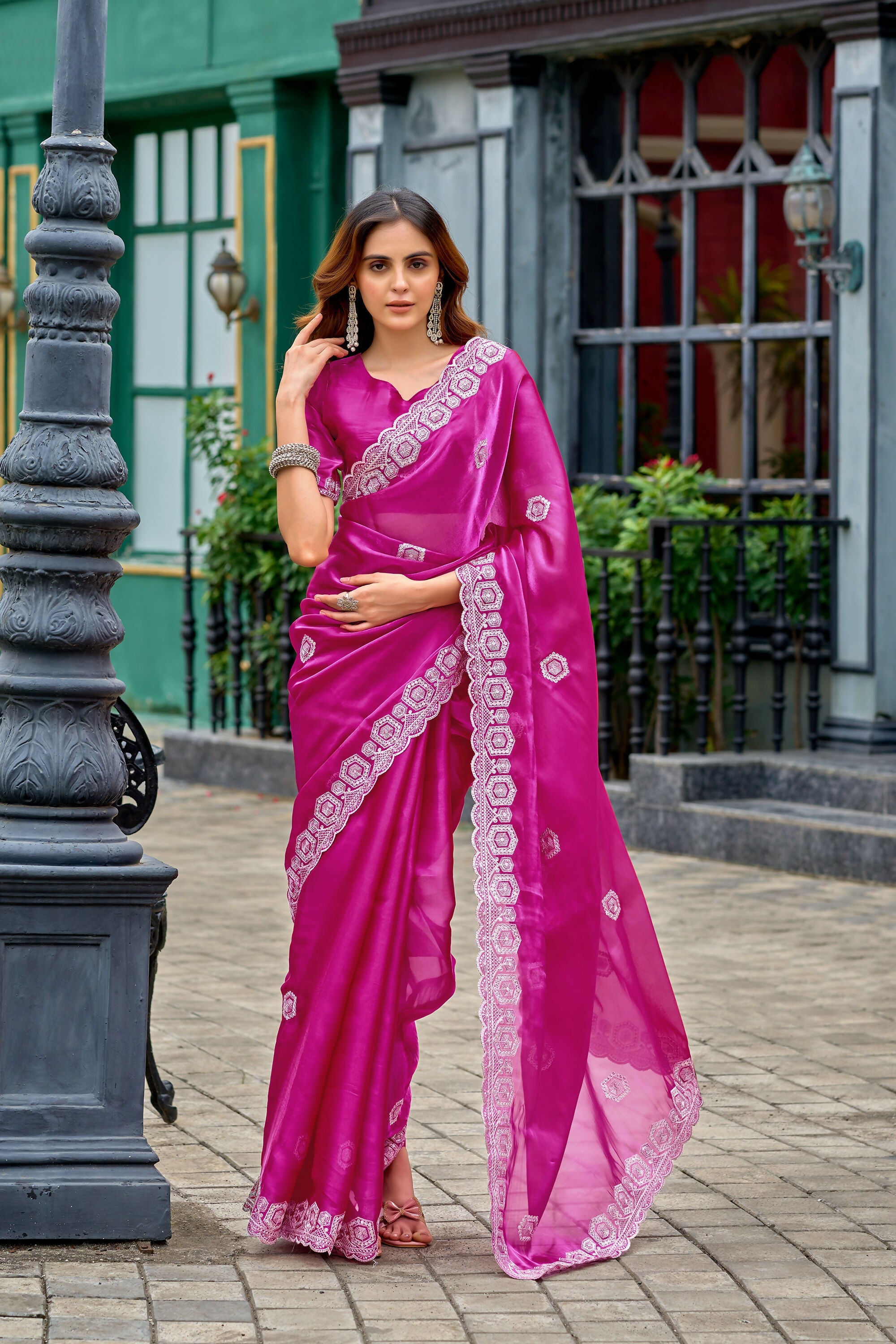 Vastranavya Pink Embroidery Work Shimmer Chiffon Saree with Unstitched Blouse - Distacart