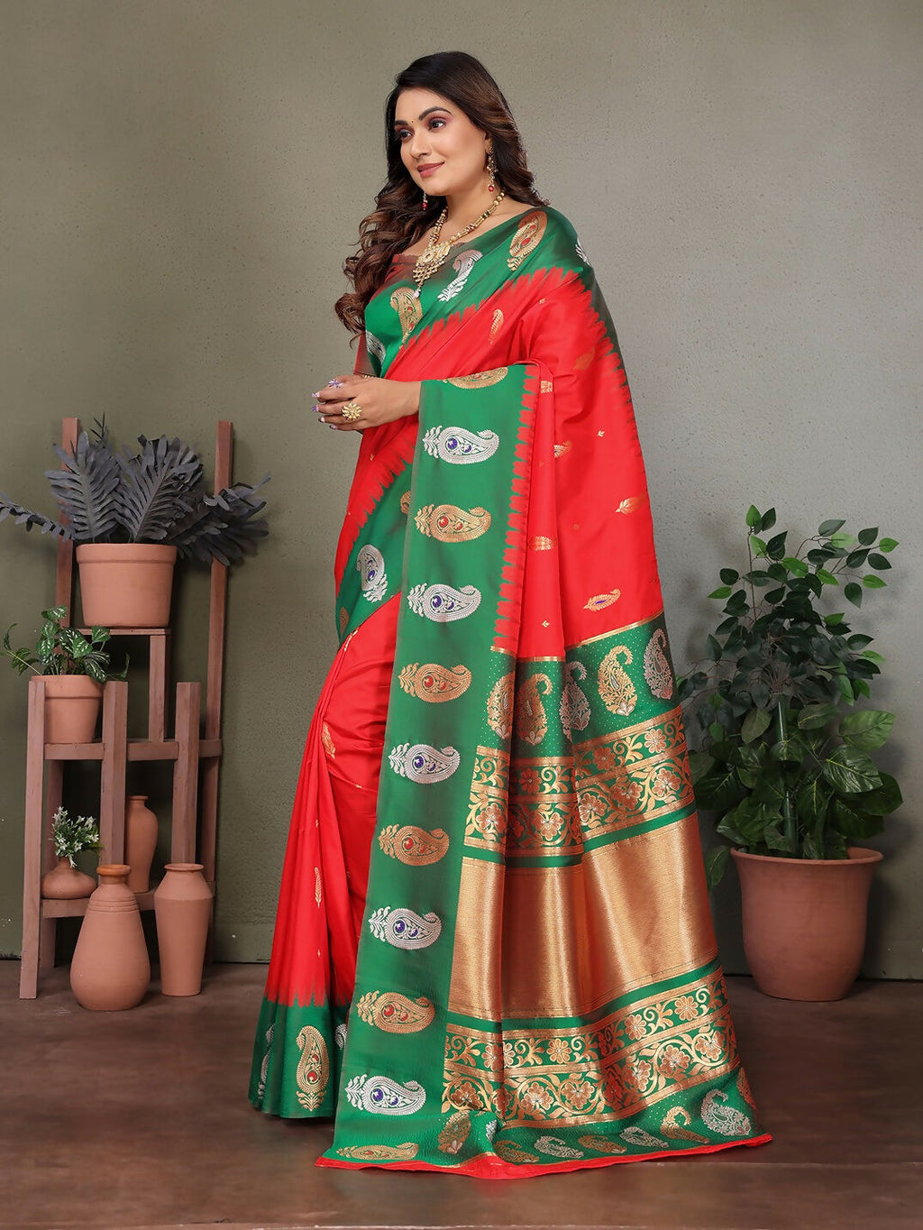Joban Fashion Banarasi Red Butti Soft Silk Saree - Distacart