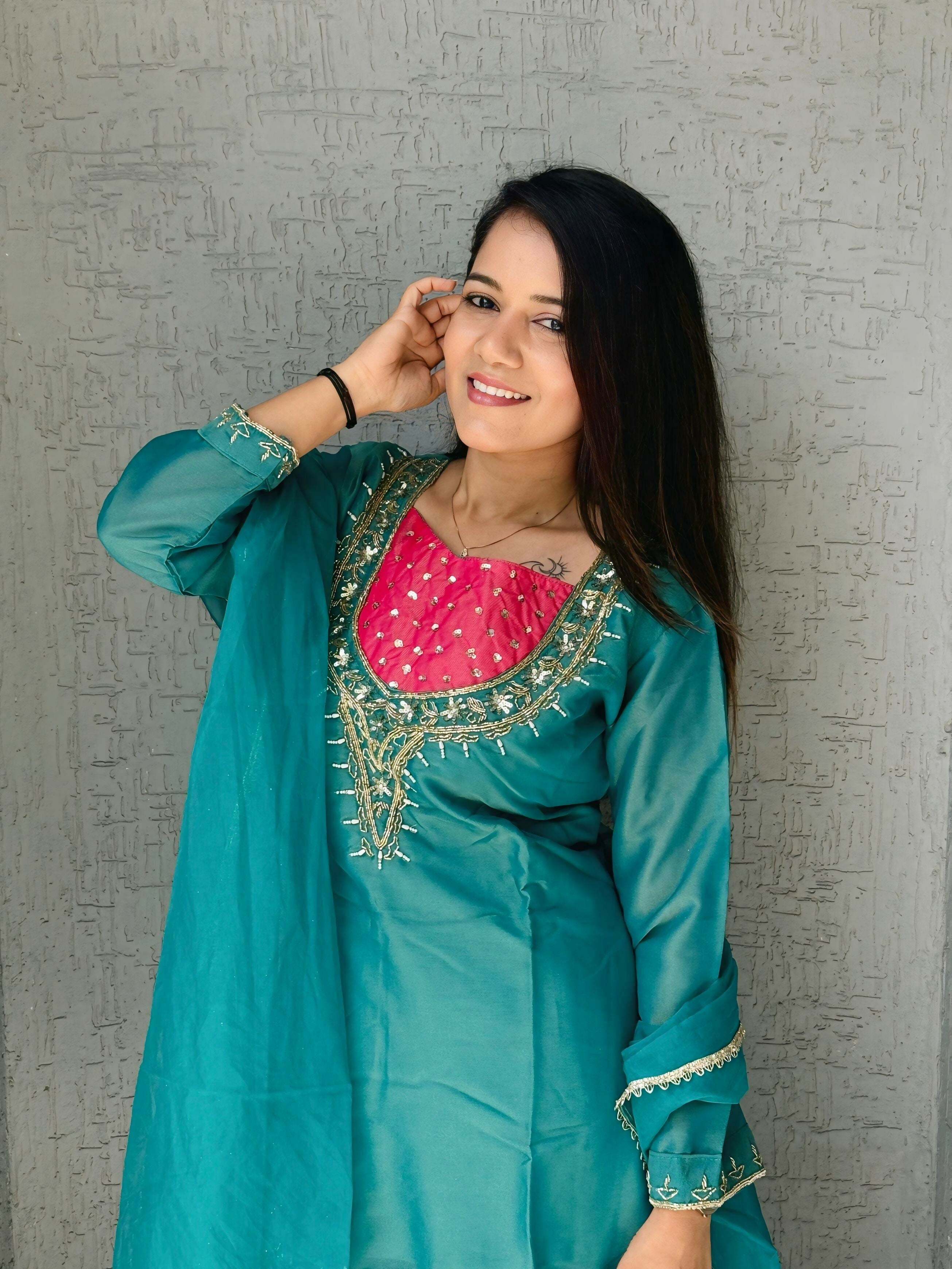 Anaita Sky-Blue Roman Shimmer Readymade Kurti Set with Handwork & Moti Work - Distacart