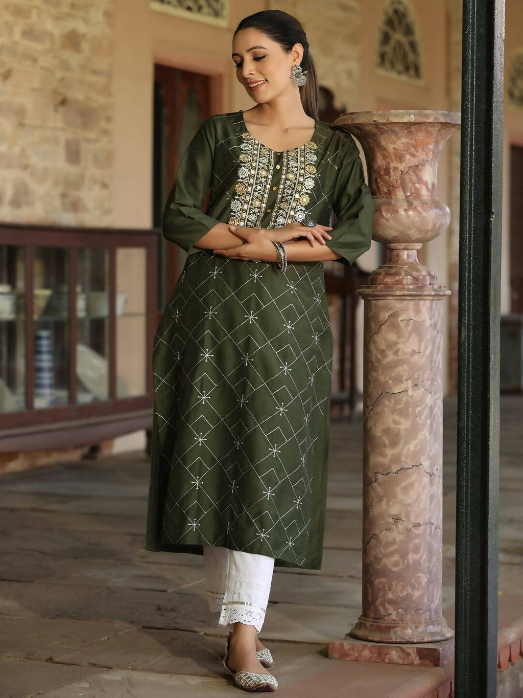 Juniper Women's Green Chinnon Printed Kurta - Distacart
