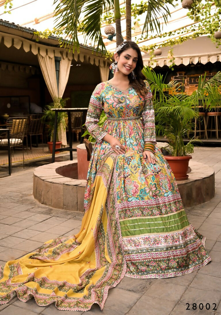 Wedding Designer Multi Soft Dola Silk Anarkali suit with Dupatta - Sanj