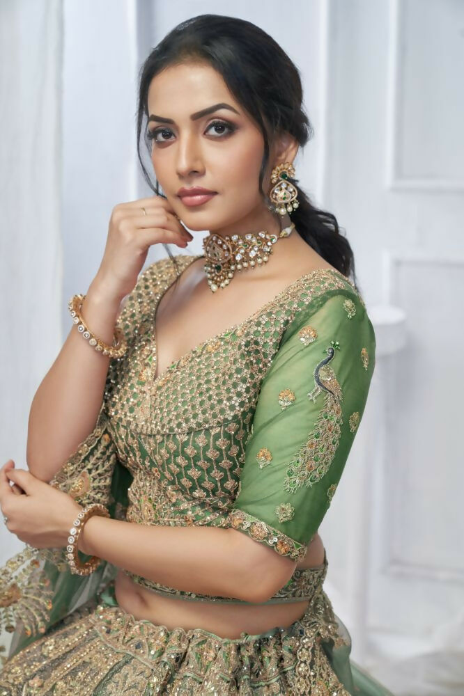 Kesar Fab Green Net Embroidered Lehenga