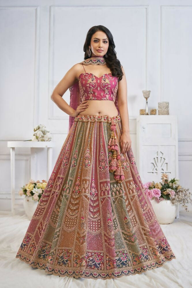 Kesar Fab Multi-Onion Net Embroidered Lehenga