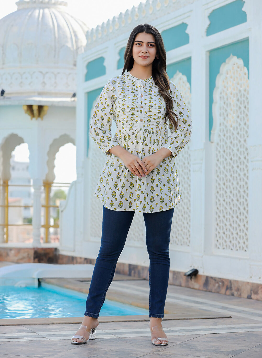 Kaajh Women's Yellow-White Floral Hand Block Printed Cotton Top