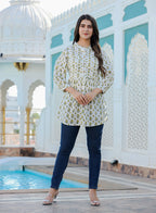 Kaajh Women's Yellow-White Floral Hand Block Printed Cotton Top