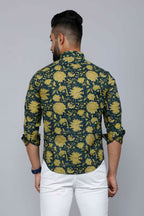 Miravan Men's Cotton Printed Full Sleeve Slim Fit Spread Neck Green Shirt