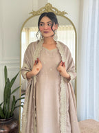 The52 CreamWomen's Gorgeous Vichitra Silk Fabric Embroidered Work Flared Anarkali Pant and Dupatta Set - Distacart