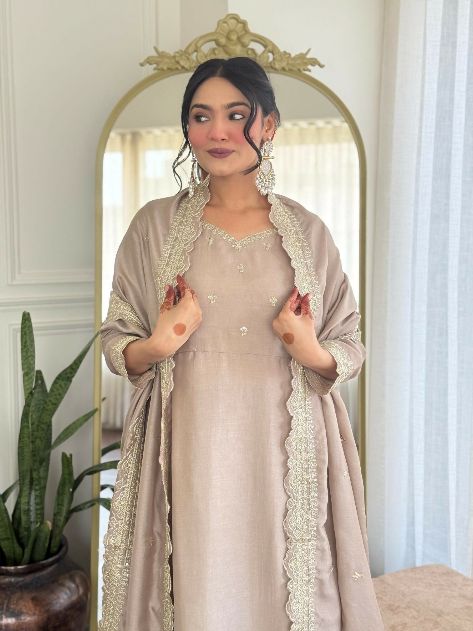 The52 CreamWomen's Gorgeous Vichitra Silk Fabric Embroidered Work Flared Anarkali Pant and Dupatta Set - Distacart