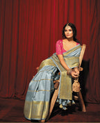 Grey Silk Striped Pattern Saree With Unstitched Blouse Piece - Zyanya