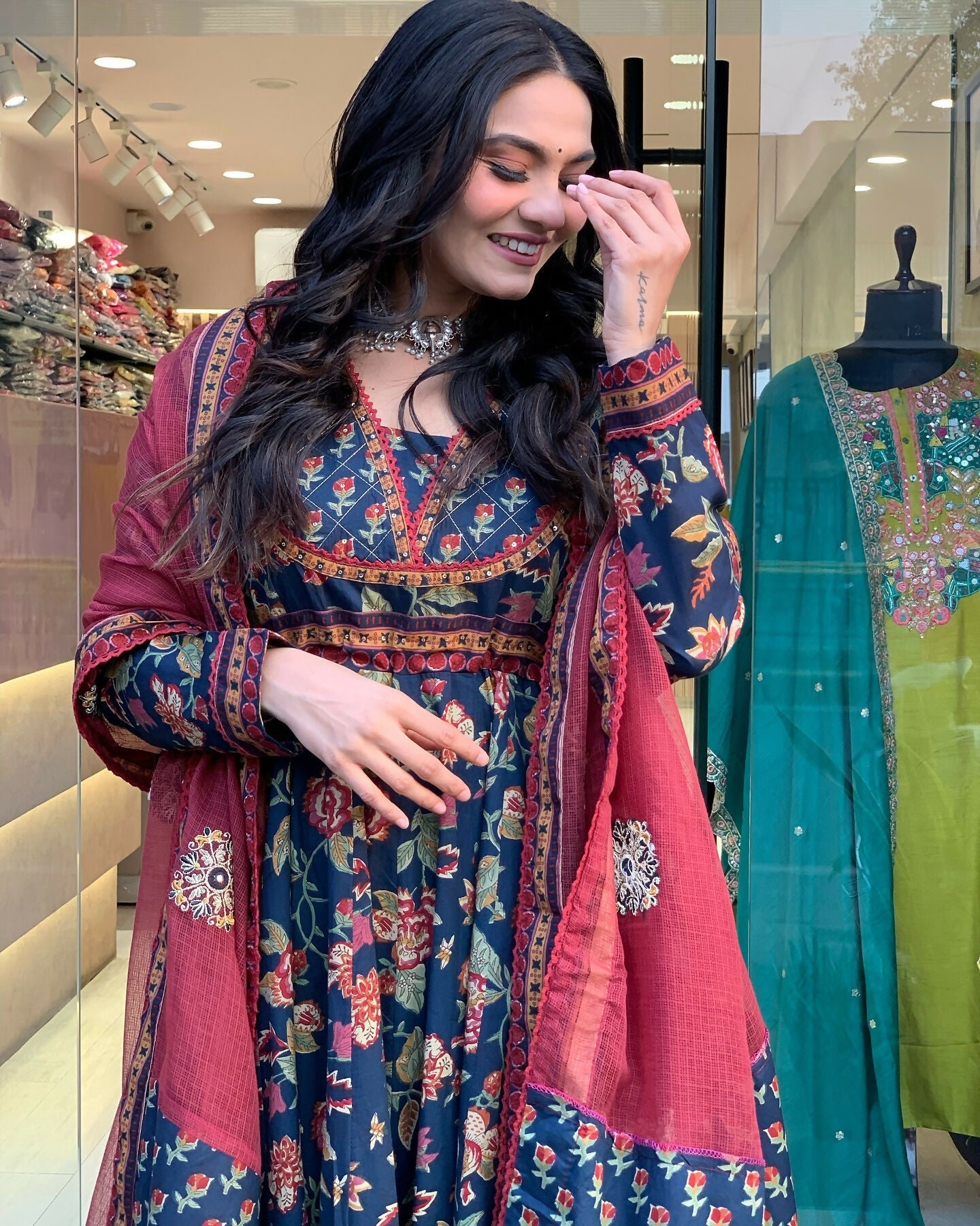 The52 Women's Beautiful Cotton Fabric Printed Work Flared Kurta Palazzo and Dupatta Set - Distacart