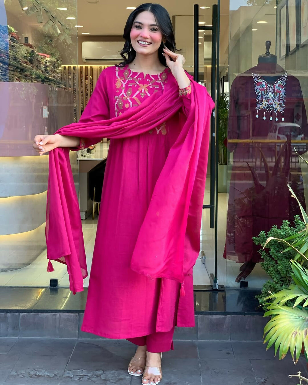 The52 Pink Women's Gorgeous Chanderi Fabric Embroidered Work Straight Kurta Pant and Dupatta Set - Distacart