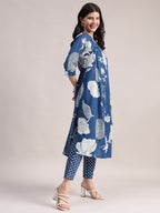 Aavyora Women's Blue Floral Printed Cotton Kurta with Trouser