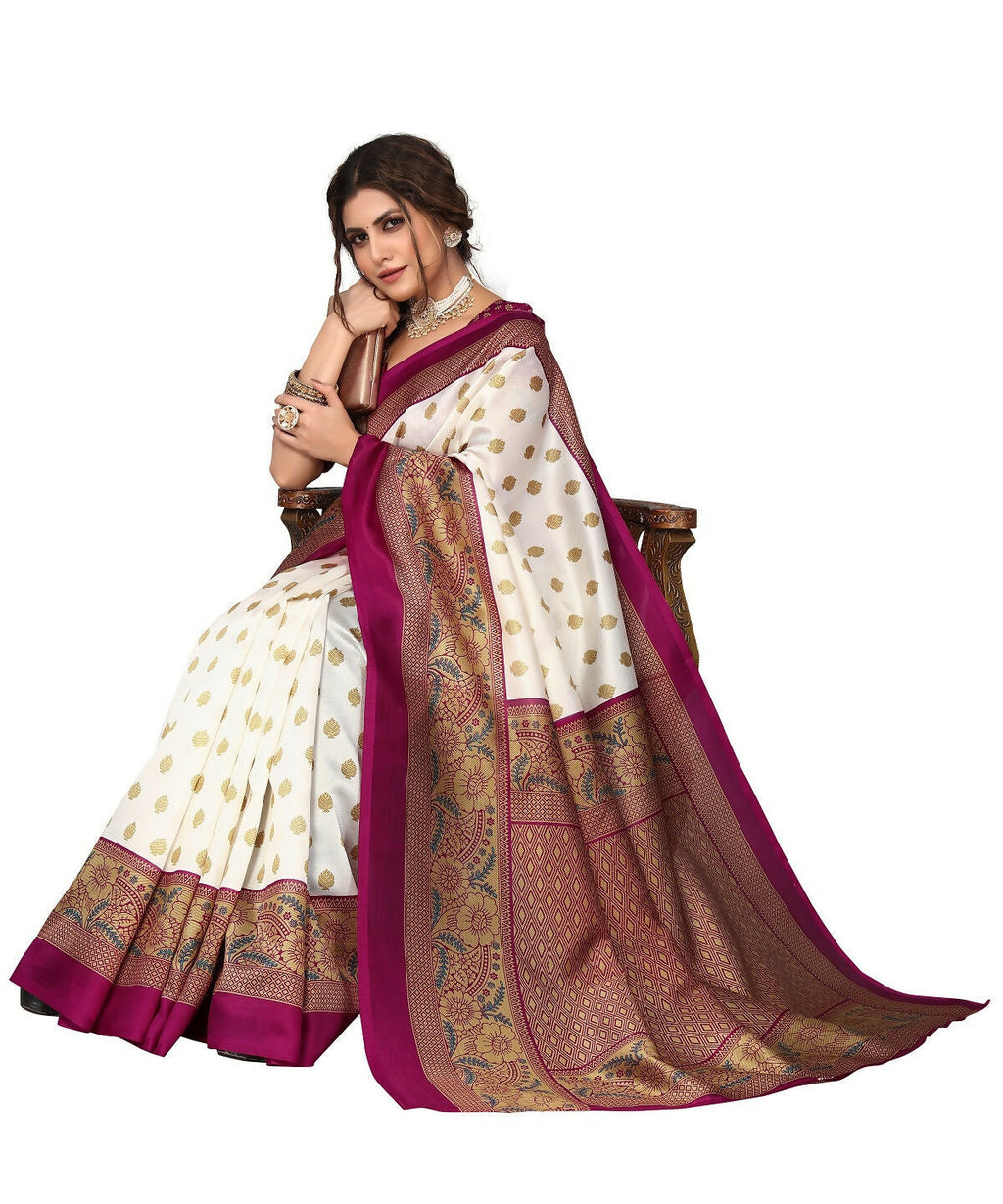 Vamika white & purple Printed Art Silk Saree
