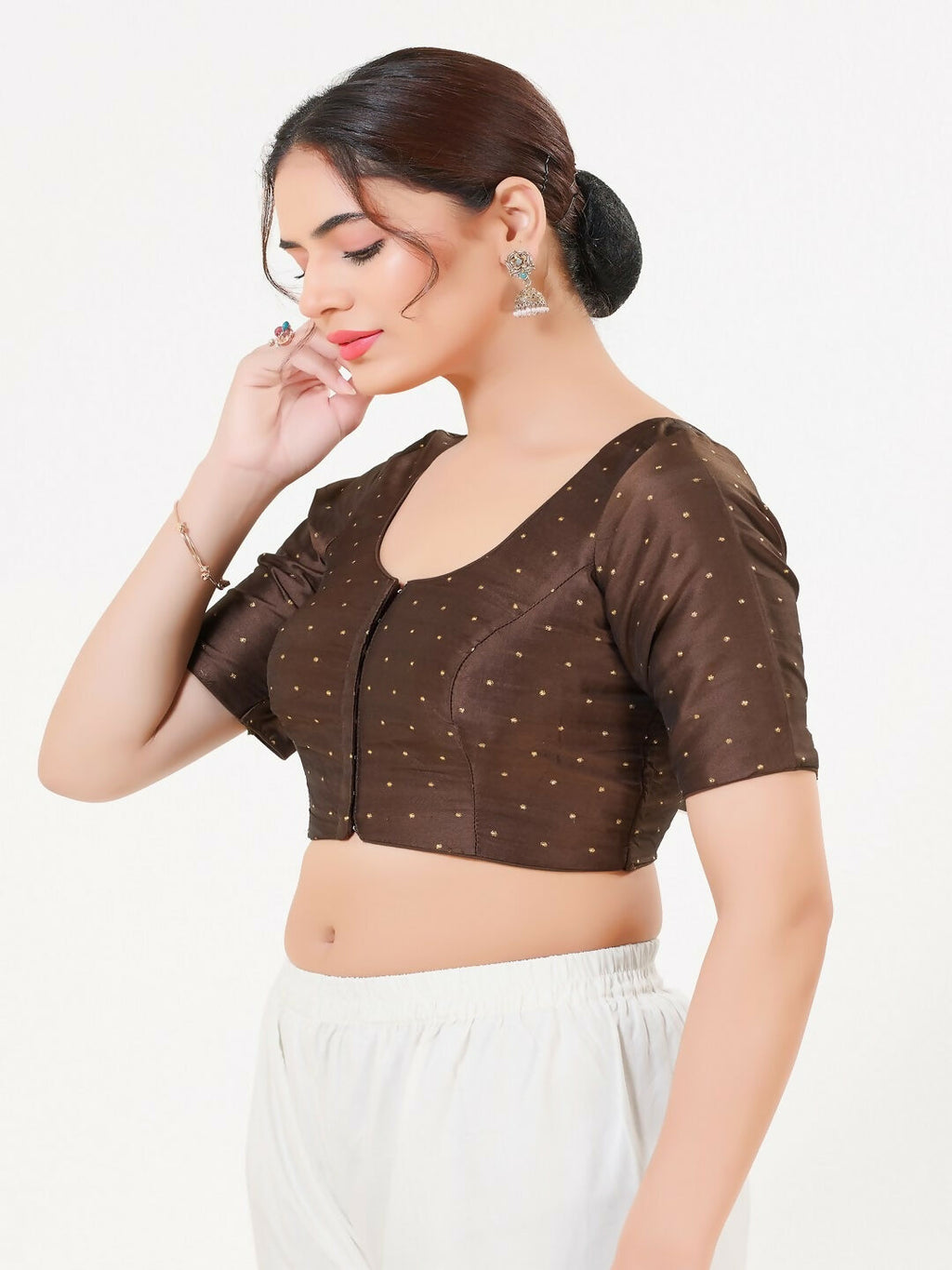 Joban Fashion Brown Taffeta Silk Elbow Sleeveless Front Open Blouse