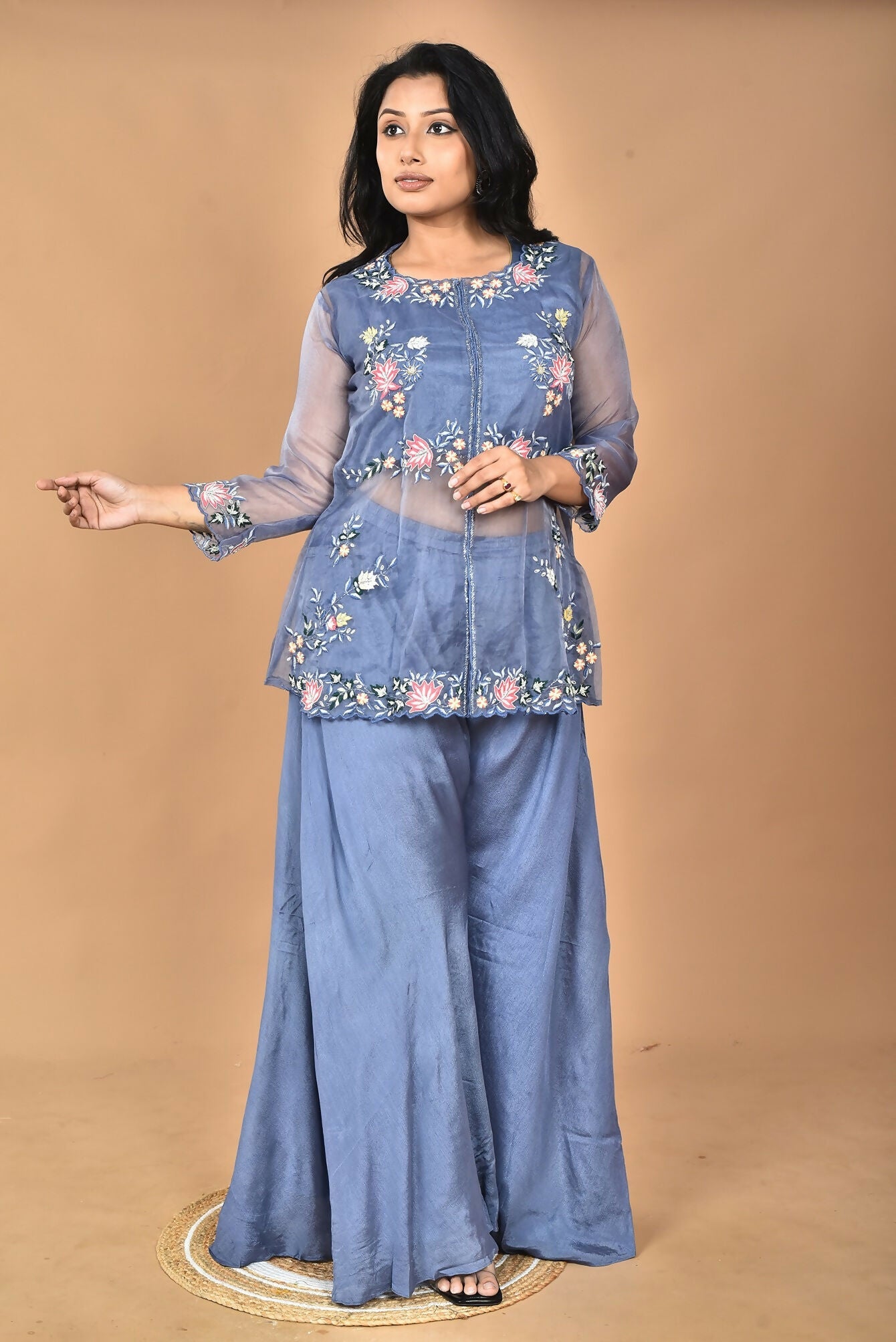 Morchari Women And Hand Embroidery Palazzo Set-Grey