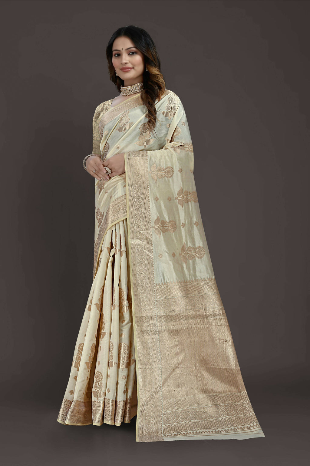 Off White Pure Raw Silk Zari Woven Saree with Unstitched Blouse Piece - Alisha