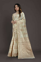 Off White Pure Raw Silk Zari Woven Saree with Unstitched Blouse Piece - Alisha