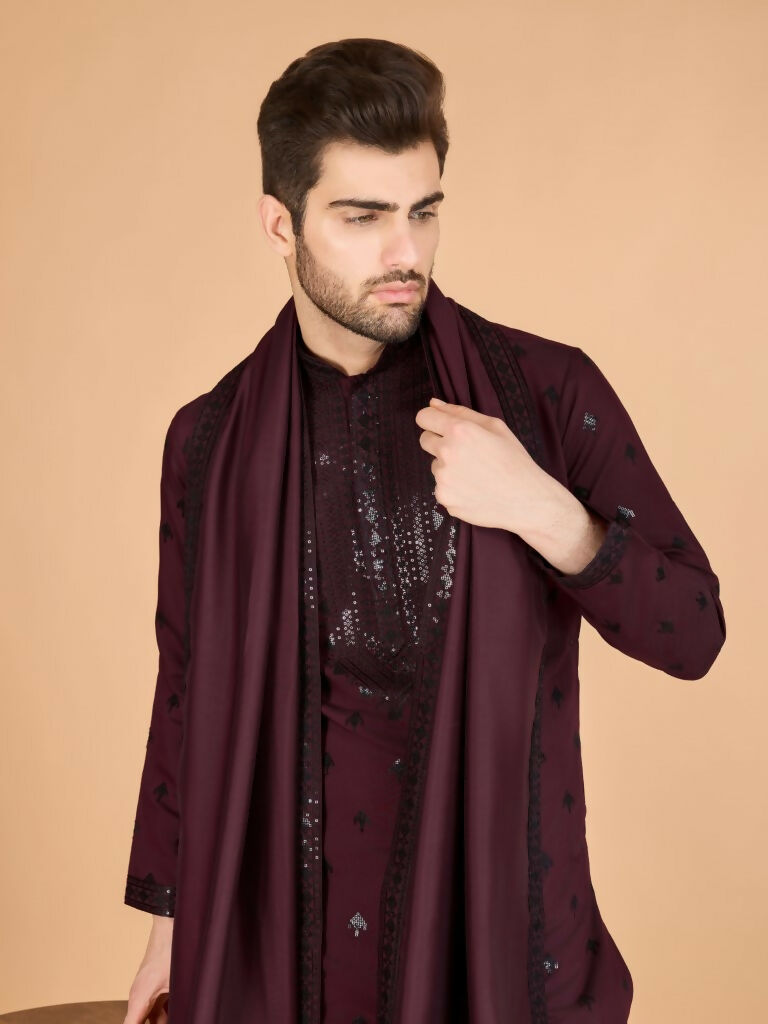 Vastranavya Maroon Exclusive Festival Wear Viscose Silk Thread with Sequence Embroidered Work Kurta with Dupatta