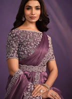 Light Purple Crepe Satin Silk Embroidered Saree With Stitched Blouse - Mohmanthan Exotica